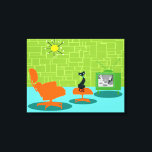 レトロ宇宙エージ子猫ストレッチキャンバス印刷 キャンバスプリント<br><div class="desc">犬には飼い主がいて、猫には飼い主がいるそうだ。このレトロ宇宙のページ子猫の拡大キャンバス印刷のネコは、これ以上の同意できなかった！1960年代のスタイルでミニマルなアートデザインは、1960年お洒落半のリビングに黒猫の姿をモダン描いた。洗練された部屋は目立つ緑の石の壁を備えている。カーペットはティール（緑がかった色）の影が付いた水色。部屋の家具は、黄色のスプートニクの光姿、一致する足台を持つオレンジ色のラウンジチェア、およびウサギの耳を持つ緑のテレビを含む。テレビの前の足台に乗った幸運な黒猫が見える。そのお気に入りのショーが始まった！テレビ画面では、白黒のクラシックテレビの家族が半時間のショーで人生のすべての問題を解決している。このデザインは目的もしだ、我々は自分でそう言う。</div>