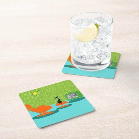 レトロ宇宙エージ子猫紙コースター スクエアペーパーコースター (インサイチュ)