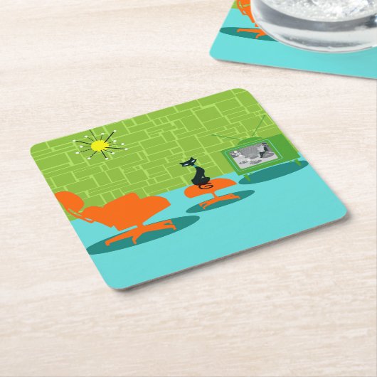 レトロ宇宙エージ子猫紙コースター スクエアペーパーコースター (アングル)