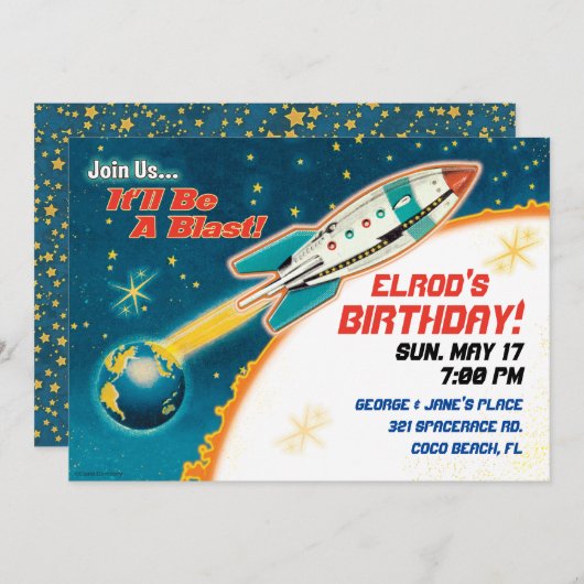 レトロ宇宙テーマパーティ招待状 招待状 (正面/裏面)