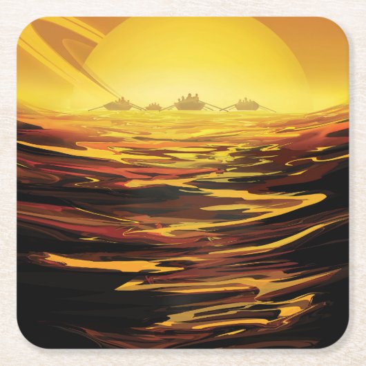 レトロ宇宙ポスター – 土星の最大の月、タイタン。 スクエアペーパーコースター (正面)