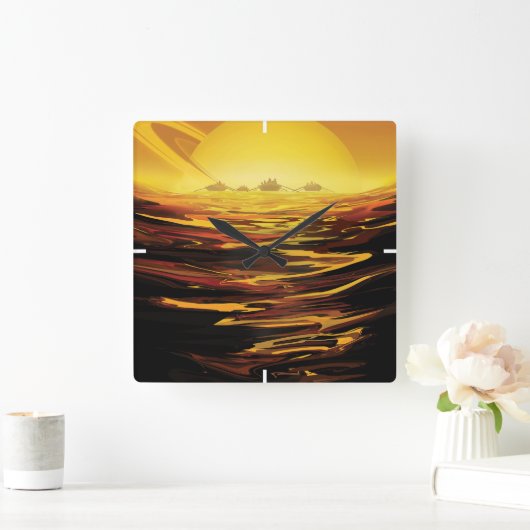 レトロ宇宙ポスター – 土星の最大の月、タイタン。 スクエア壁時計 (ホーム)