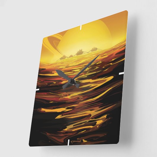 レトロ宇宙ポスター – 土星の最大の月、タイタン。 スクエア壁時計 (傾斜)