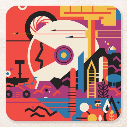 レトロ宇宙ポスター – 火星探索プログラム。 スクエアペーパーコースター (正面)