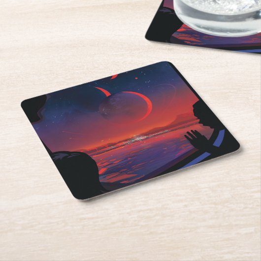 レトロ宇宙ポスター – 視聴者Observe Trappist-1e. スクエアペーパーコースター (アングル)