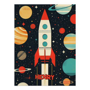 レトロ宇宙ロケットイラストレーション ポスター