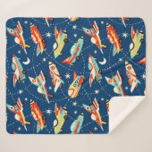 レトロ宇宙ロケット車ブルーかわいいキッズパターン シェルパブランケット (正面(横))