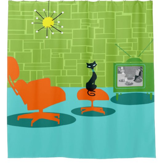 レトロ宇宙年齢子猫シャワーカーテン シャワーカーテン (正面)