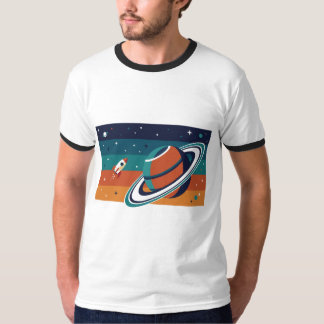 レトロ宇宙旅行ポスター リング状の惑星 Tシャツ