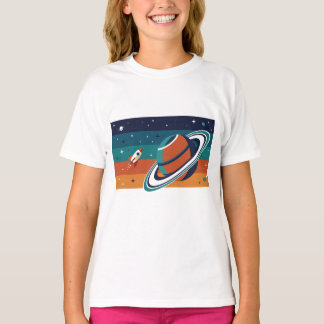 レトロ宇宙旅行ポスター リング状の惑星 Tシャツ