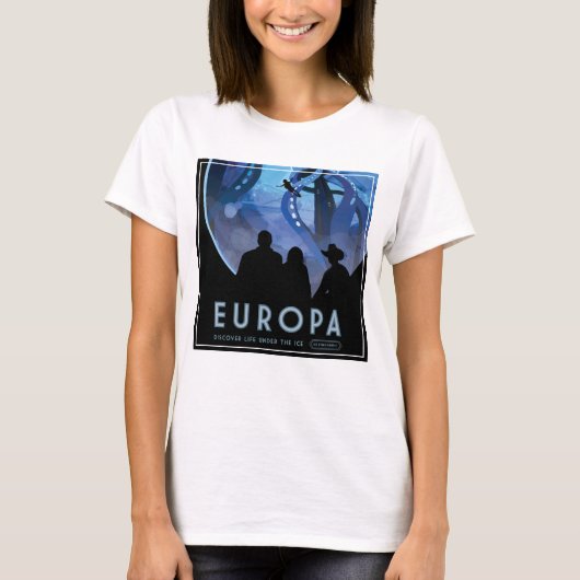 レトロ宇宙旅行ポスター – Jupiter's Moon Europa. Tシャツ (正面)