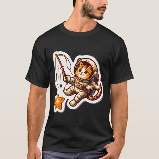 レトロ宇宙飛行士の猫が星を釣る Tシャツ (正面)