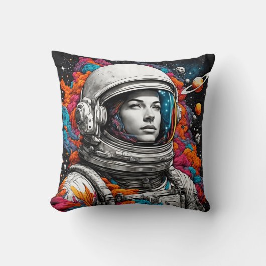 レトロ宇宙飛行士ガール装飾用クッション- Dream Beyond! クッション (正面)