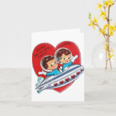 レトロ宇宙飛行士バレンタインデーのグリーティングカード カード (黄色い花)