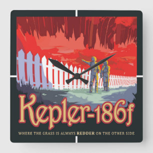 レトロ宇宙Kepler-186fのポスター。 スクエア壁時計