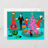 レトロ家族によるクリスマスツリー葉書のトリミング シーズンポストカード (正面/裏面)