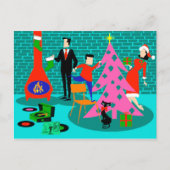 レトロ家族によるクリスマスツリー葉書のトリミング シーズンポストカード (正面)