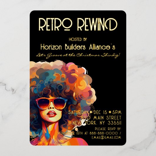 レトロ巻き戻し金ゴールドクリスマスパーティの招待状 箔招待状 (正面)