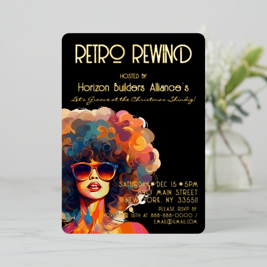 レトロ巻き戻し金ゴールドクリスマスパーティの招待状 箔招待状 (立ち正面)