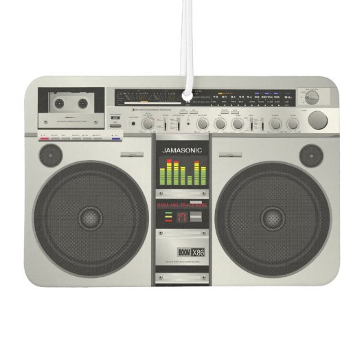レトロ巻き戻し:カスタマイズ可能な80のBoomboxグラフィック カーエアーフレッシュナー (正面)