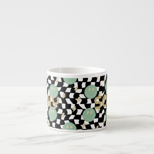 レトロ市松模様にとライトニングボルト名キッドマグ エスプレッソカップ (正面)
