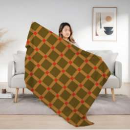 レトロ市松模様にの格子模様(茶、金ゴールド、赤) フリースブランケット