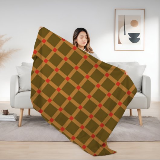 レトロ市松模様にの格子模様(茶、金ゴールド、赤) フリースブランケット