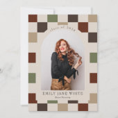 レトロ市松模様にアーチのタイムレス写真卒業 招待状 (正面)