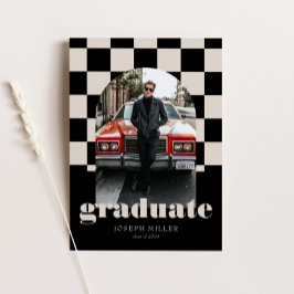 レトロ市松模様にアーチのタイムレス写真卒業 招待状