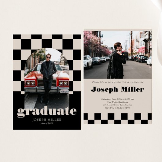 レトロ市松模様にアーチのタイムレス写真卒業 招待状