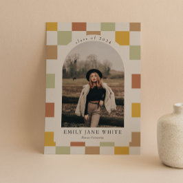 レトロ市松模様にアーチのタイムレス写真卒業 招待状