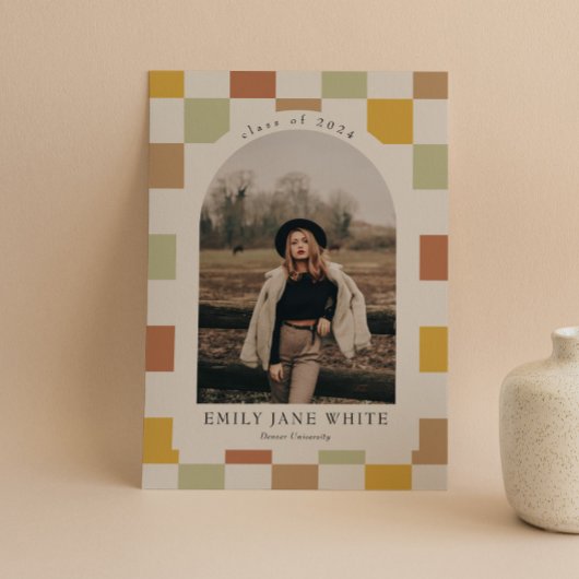 レトロ市松模様にアーチのタイムレス写真卒業 招待状