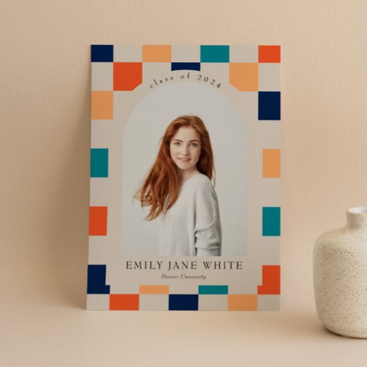 レトロ市松模様にアーチのタイムレス写真卒業 招待状