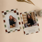 レトロ市松模様にアーチのタイムレス写真卒業 招待状