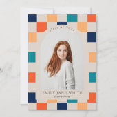 レトロ市松模様にアーチのタイムレス写真卒業 招待状 (正面)