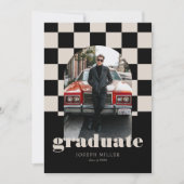 レトロ市松模様にアーチのタイムレス写真卒業 招待状 (正面)