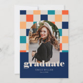 レトロ市松模様にアーチクラシック写真卒業 招待状 (正面)