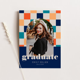 レトロ市松模様にアーチクラシック写真卒業 招待状