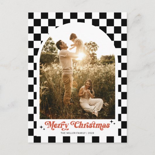 レトロ市松模様にアーチファミリー写真 シーズンポストカード (正面)