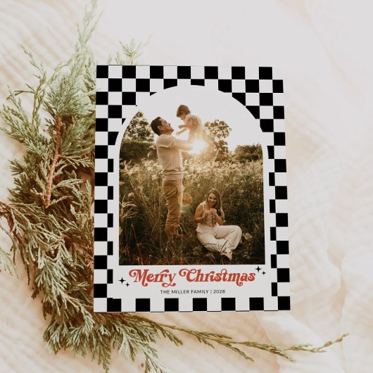 レトロ市松模様にアーチファミリー写真 シーズンポストカード