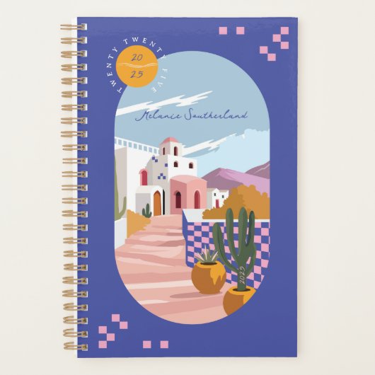レトロ市松模様にギリシャ建築パーソナライズされた プランナー手帳 (正面)