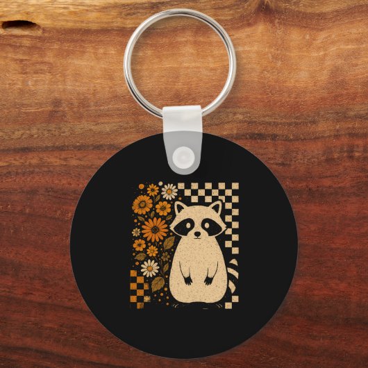 レトロ市松模様にハロウィーンラクーン キーホルダー (正面)