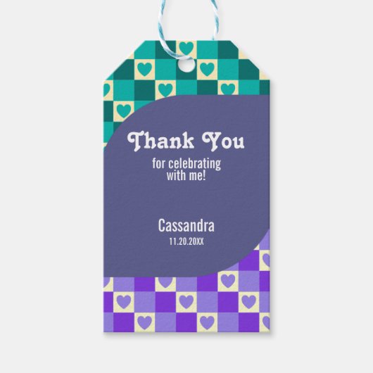 レトロ市松模様にハートバウハウスティール（緑がかった色）ブルー誕生日 ギフトタグ (正面)