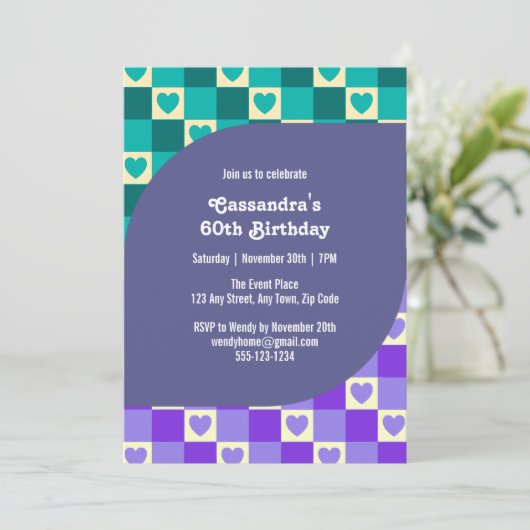 レトロ市松模様にハートバウハウスティール(緑がかった色)ブルー誕生日 招待状 (スタンド正面)