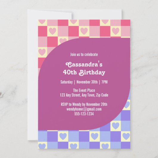 レトロ市松模様にハートバウハウスパープルブルー誕生日 招待状 (正面)