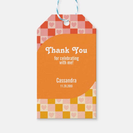 レトロ市松模様にハートバウハウスレッドオレンジ誕生日 ギフトタグ (正面)
