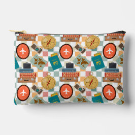 レトロ市松模様にバケーショントラベルをテーマにした化粧 アクセサリーポーチ
