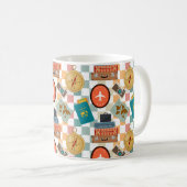 レトロ市松模様にバケーショントラベルをテーマ コーヒーマグカップ (正面右)