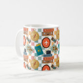 レトロ市松模様にバケーショントラベルをテーマ コーヒーマグカップ (正面左)