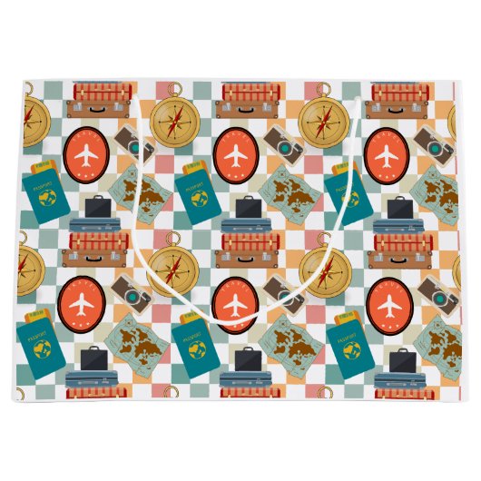 レトロ市松模様にバケーショントラベルをテーマ ラージペーパーバッグ (正面)